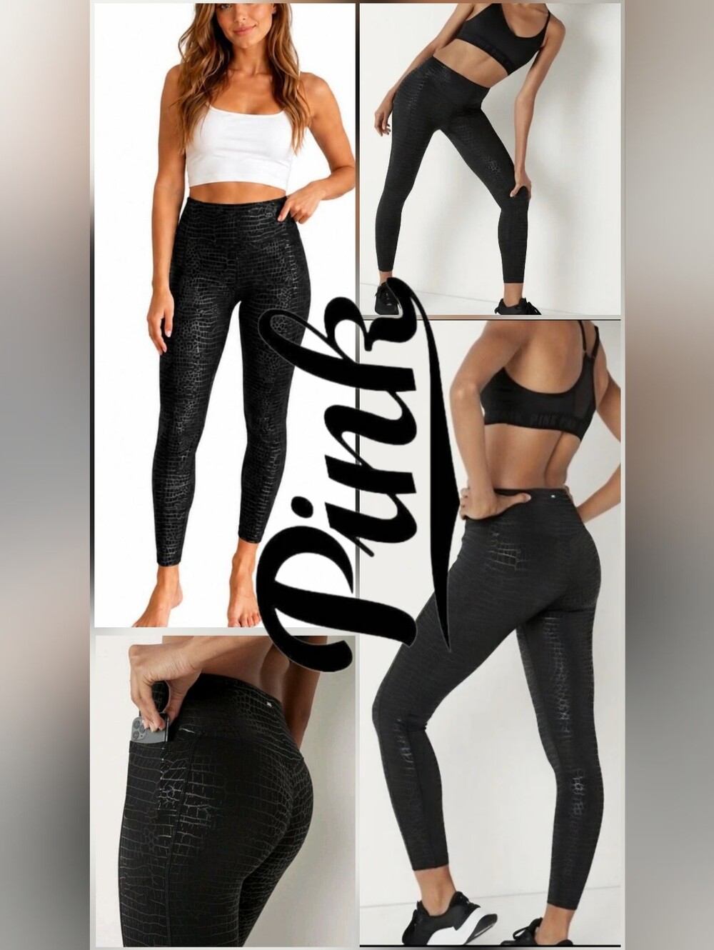 PINK Victoria's Secret Ultimate V High Waist Croc Shine Leggings In Black